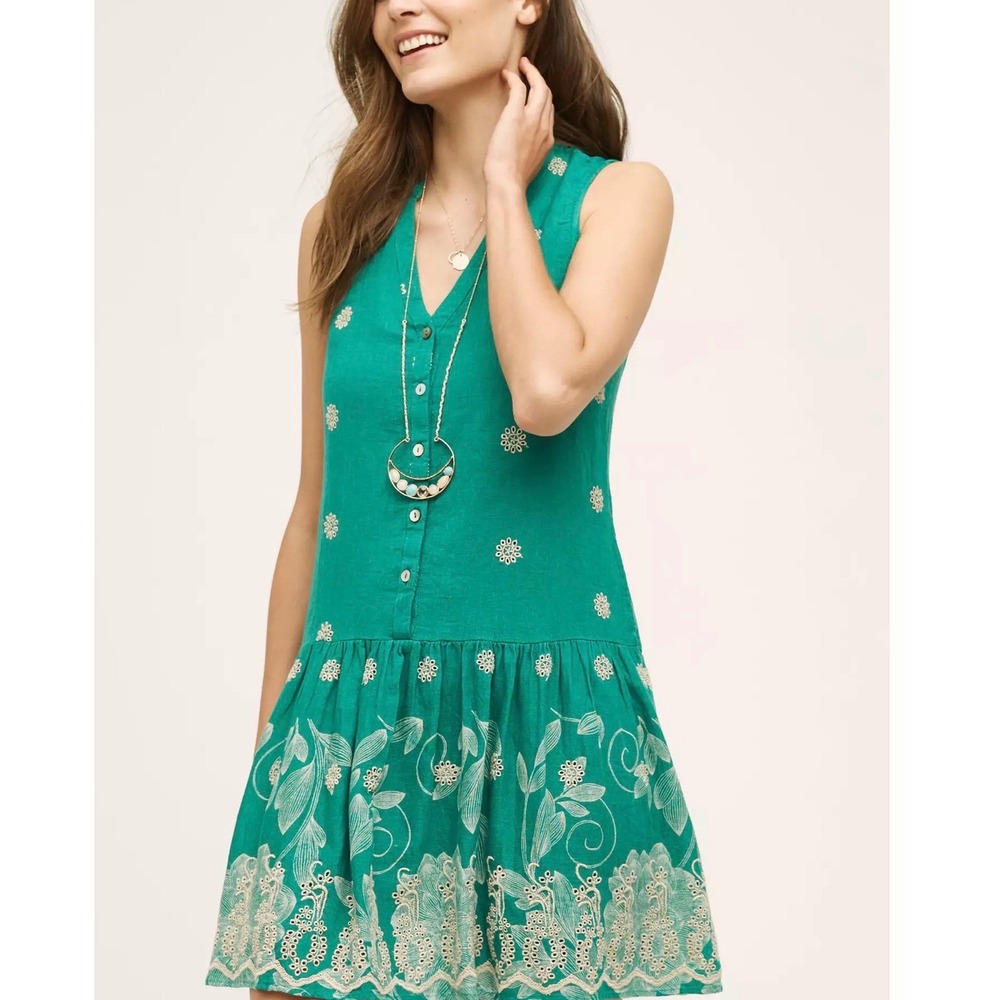 Maeve Anthropologie Pippa Green Embroidered Linen Drop Waist Mini Dress XS